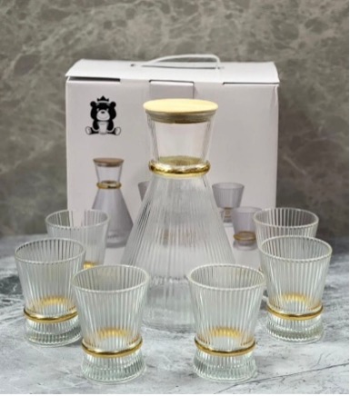 Ensemble carafe & 6 verres striés